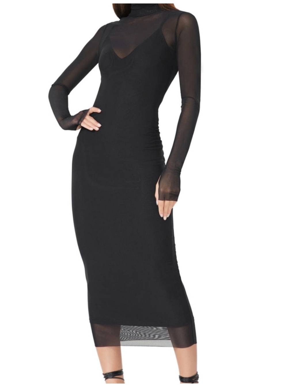AFRM Marni Black Mock Neck Long Sleeve Mesh Midi Womens Dress Size X-Large NWT - Picture 3 of 12